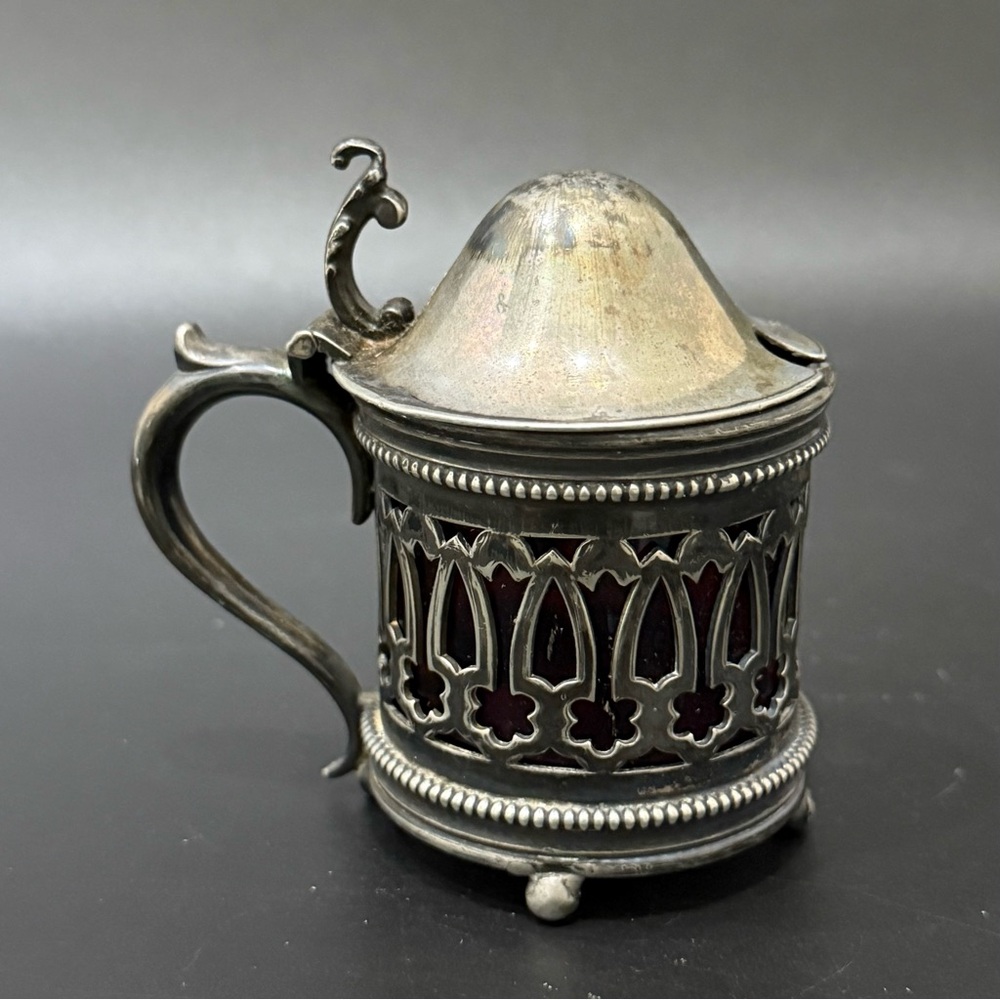 Vintage MERIDEN & Co. Silver-plate Mustard Pot with Red Glass Insert